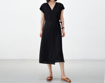 W105---Women's Black Linen Wrap Dress, Linen Kimono Dress, Linen V-neck Sun Dress, Linen Wedding Dress, Plus Size Linen Dress, Made to Order