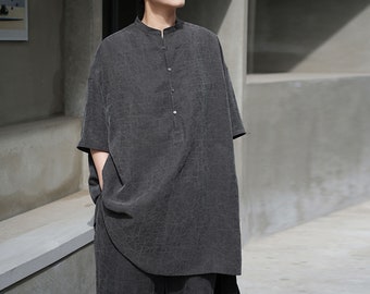 L212---Cracked Mud Silk Half Sleeves Chinese Shirt in Gray, Made to Order.