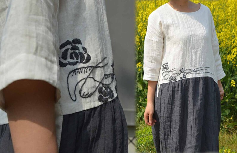 468---Hand Embroidered Bi-color Ramie Dress Two-tone Tunic Made to Order.