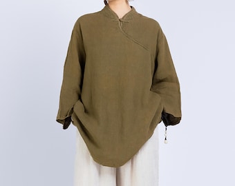 W135---Loose Heavy Weight Linen Retro Chinese Blouse, Oversized Linen Shirt, Linen Cheongsam Top, Linen T-shirt, Size Free