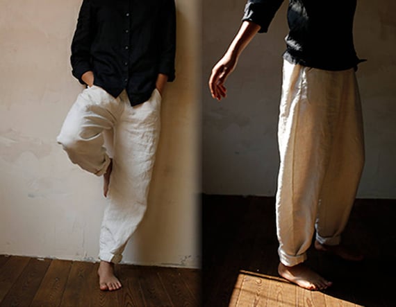 786---Linen Pants, Slightly Tapered Boyfriend , Pre-washed, Loose / Relaxed / Slouchy Fit , Women Off White Lithuanian Linen Trousers.