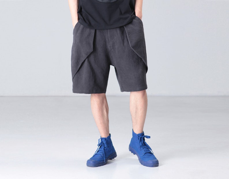 P061---Men/'s Linen Cotton Blend Shorts Drop Crotch Unisex Linen Shorts Made to Order.