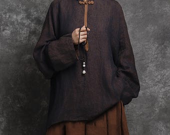 W136---Loose Yarn Dyed Linen Batwing Blouse, Qipao Shirt, Chinese Blouse, Oversized Linen Shirt, Linen Cheongsam Top, Linen T-shirt