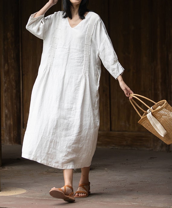 チュニック ARGUE - COTTON LINEN VINTAGE EVENING DRESS TUNIC LMSXCT Women's Cotton Linen Dress 3/4 Sleeve Casual Swing