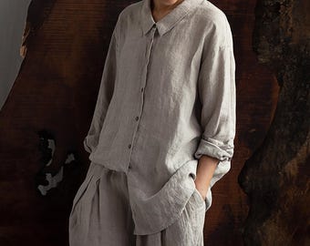 D055---Women's Flax Linen Shirt / Blouse / Top, Made to Order.