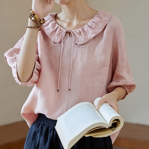 V410---Pink Linen Ruffle Blouse, Summer Linen Top, Girl&#39;s Pink Linen Shirt, Linen Tee, Linen T-shirt, Made to Order.