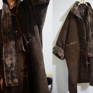 X005--Mud Tussah Silk Corduroy Long Quilted Coat, Gambiered Silk Padding Coat,  Made to Order.