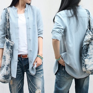 214---Women&#39;s Stand Collar Black Linen Shirt, Blue Chinese Linen Jacket, Cheongsam, Made to measure.