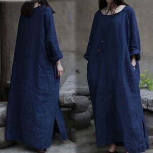 191---Royal Blue Washed Linen Oversize Dress, Navy Blue Long Dress, Caftan Maxi Dress,Tunic Robe, Maternity, Plus Size Clothing.
