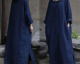 191---Royal Blue Washed Linen Oversize Dress, Navy Blue Long Dress, Caftan Maxi Dress,Tunic Robe, Maternity, Plus Size Clothing.