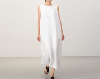 W102---White Linen Sleeveless Summer Dress, Long Linen Tank Dress with Pocket for Women, Linen Casual Dress,  Beach Dress,  Made to Order