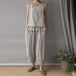 J008---Gray Thin Ramie Lattern Pants / Grandma&#39;s Trousers, Made to Order