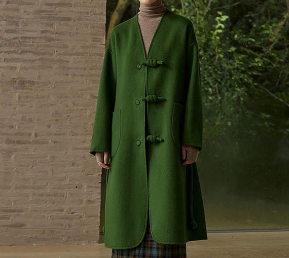 W169---new Chinese Style Double-faced Wool Long Coat, Green Wool W169---new Chinese Style Double-faced Wool Long Coat, Green Wool