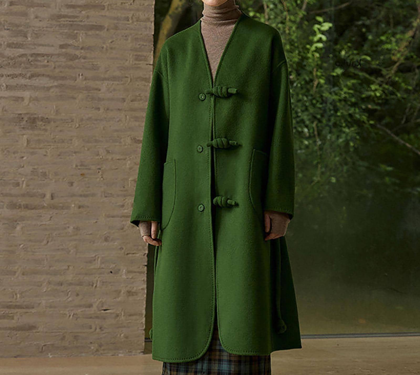 W169---new Chinese Style Double-faced Wool Long Coat, Green Wool