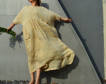 A409---Embroidered High Waist Hand-spun and Hand Woven Tussah Silk Tunic Dress, Loose Fitting Maxi Dress, Long Dress, Maternity, Plus Size