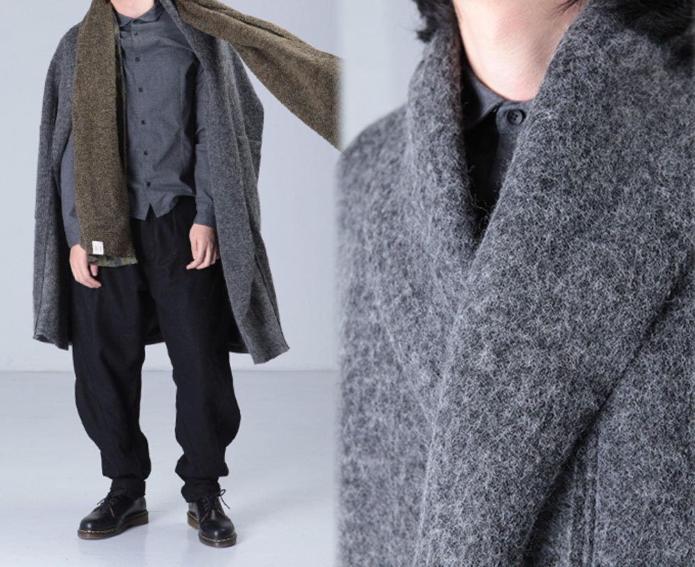 157---メンズ ニット ウール コート (グレー)、XS、S、M、L、XL、受注