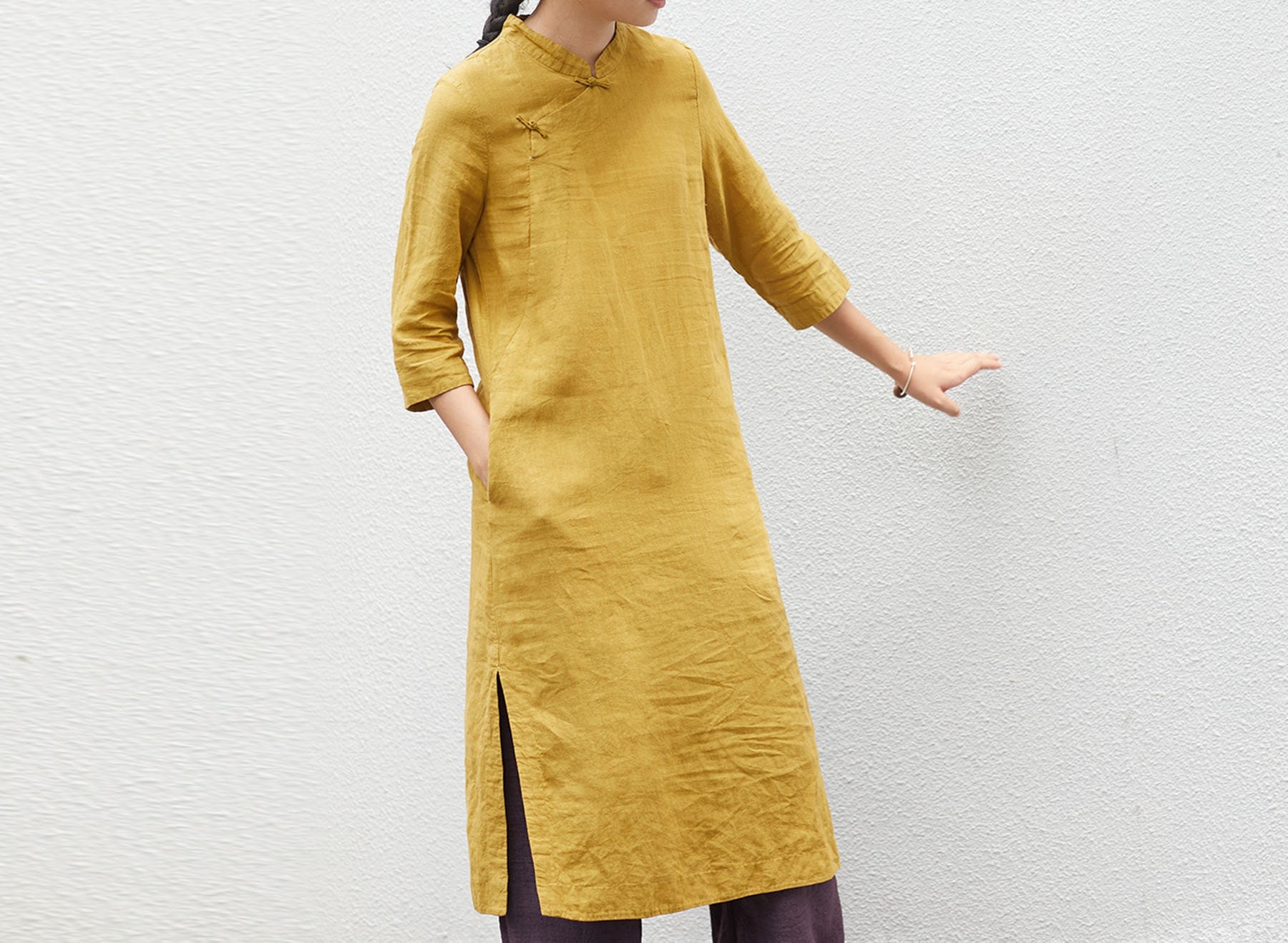 D179french Linen Qipao Dress in Ginger Color 3 4 Sleeves A Line Cheongsam Dress Chinese Dress Wedding Made to Order. Etsy