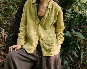 D330---Mustard Green High Count Linen Blouse with Double Placket, Relaxed Flax Linen Collar Shirt, Linen Boho Shirt, Made to Order