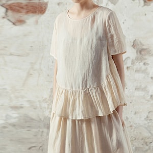 J043---High Counted Ramie Ruffle Hem Short Sleeve Top / Blouse in Beige Color, Made to Order