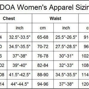 May include: A chart showing women's apparel sizing in both inches and centimeters. The chart includes measurements for chest, waist, and hips for sizes S, M, L, XL, 2XL, and 3XL.