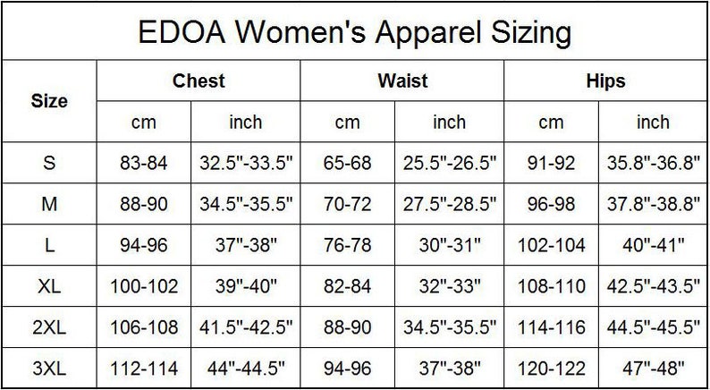 May include: A chart showing women's apparel sizing in both inches and centimeters. The chart includes measurements for chest, waist, and hips for sizes S, M, L, XL, 2XL, and 3XL.