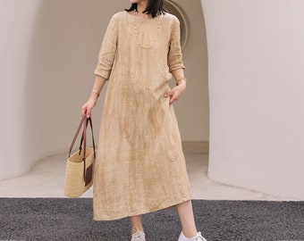 I059---Distressed Crinkled Linen A-line Tunic Dress with Hand Embroidery, 3/4 Sleeves, S M L, Plus Size, Made to Order.
