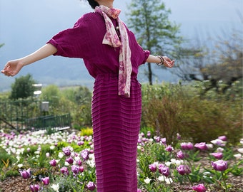 E089---Women's Hand-pintucked Linen Dress, Rose Pink Linen Dress, Plus Size Clothing, Made to Order.