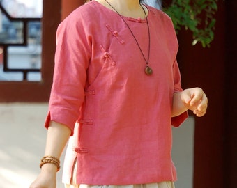 W114---Red Linen Qipao Top, Linen Cheongsam Blouse, Linen Chinese Shirt, Made to Order.