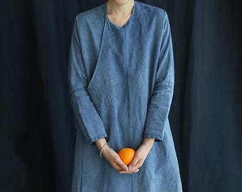 E005---Plant Dyed Linen Silk Blend Cheongsam Robe / Tunic Dress / A-line Qipao Dress / Qi Pao / Chi Pao with Hand Embroidery, Made to Order.