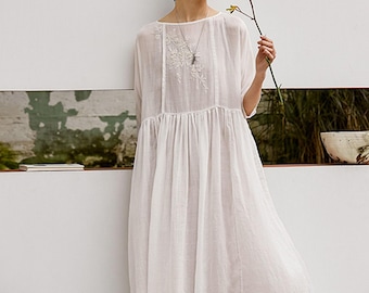E014---High Counted Ramie Tunic Dress, (Excluding Inner Slip Dress), with Hand Embroidery, White Wedding Dress, Yellow Dress