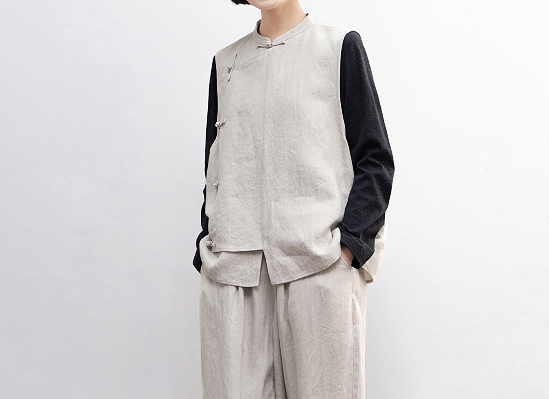 J059---twill Flax Linen Chinese Vest, Sleeveless Top