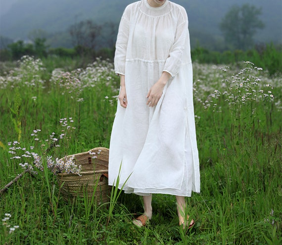 P109---White High Counted French Linen Victorian Dress, Linen Maxi Dress, Long Flax Linen Dress, Made to Order.