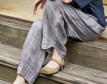 L032---Gray Crinkled Tie Dyied Linen Pants, Linen Tapered Trousers, Women's Linen Crop Pants, Made to Order.