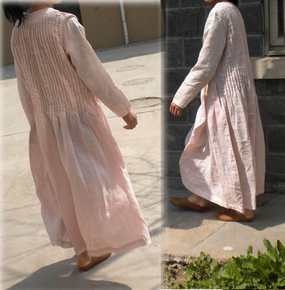 072Pintucked Pink Maxi Linen Dress Women's Long Sleeve Etsy