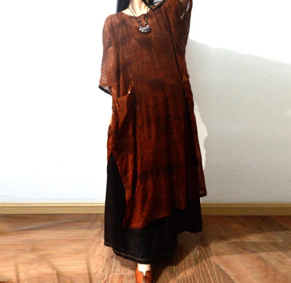X286---Super Loose Embroidered Rusty Red Eco Dioscorea Dyed Crinkled Silk Chiffon Over Dress, Oversized Tunic Dress, One Size Fits All