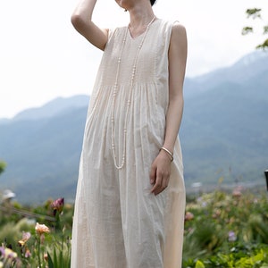 E104Women's High Count 100S Cotton Pintucked Sleeveless Dress / Tank Dress in Cream White, Made to Order. image 6