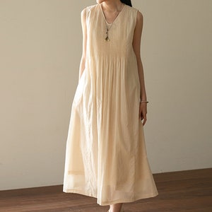 E104Women's High Count 100S Cotton Pintucked Sleeveless Dress / Tank Dress in Cream White, Made to Order. image 3