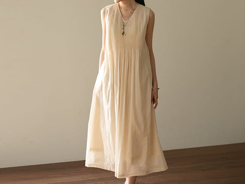 E104Women's High Count 100S Cotton Pintucked Sleeveless Dress / Tank Dress in Cream White, Made to Order. image 3