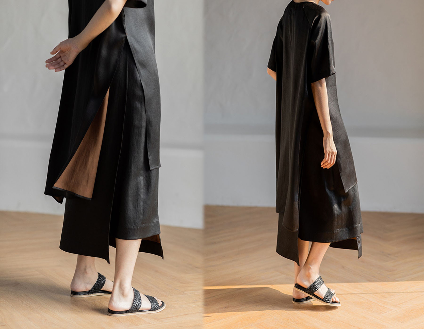 C043---ゆったりとしたマッドシルククレープサテンチュニックトップ