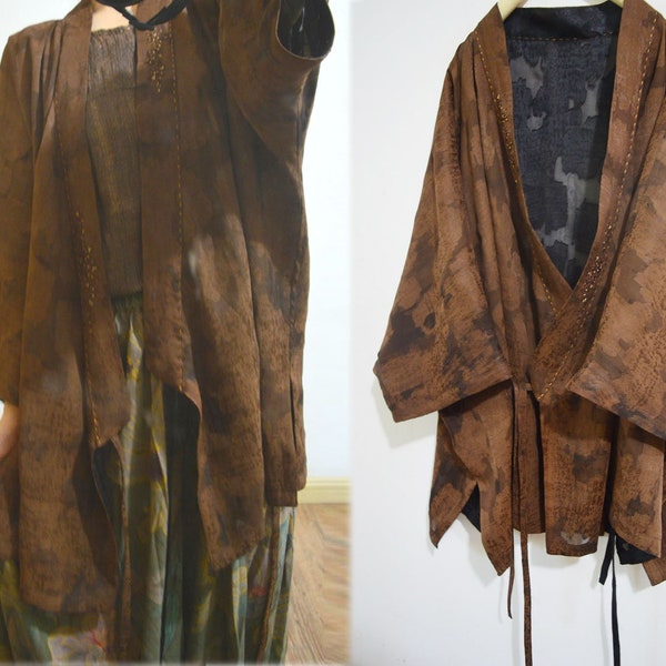 A949---Reversible Mud Silk Linen Blend Burnout Jacquard Hanfu Jacket / Han Fu Coat, Cardigan Coat, Kimono Jacket,  Made to Order.