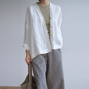 W099---White Linen Jacket, Ovresized Linen Blazer, Loose Linen Cardigan, Plus Size Linen Kimono Jacket,