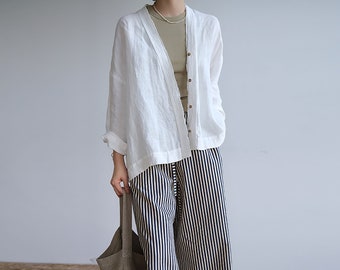 W099---Oversized White Linen Kimono Jacket, Linen Jacket, Linen Blazer, Loose Fit Cardigan, Plus Size Linen Kimono Jacket, Made to Order