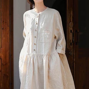 P343---Flax Linen Low-waist Wide Dress, Linen Button Front Maxi Dress, Women&#39;s Linen Shirt Dress, Made to Order.
