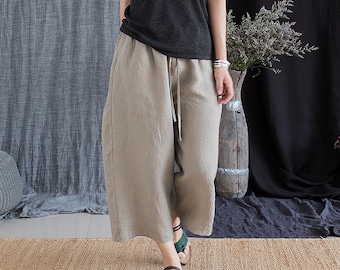 G029---Yarn Dyed French Linen Wide Pants in Khaki, Linen Trousers, Summer Crop Pants, Made to Order.