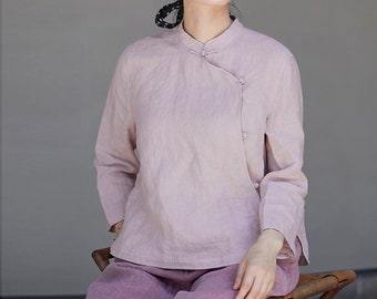 P335---Linen Qipao Top, Linen Cheongsam Blouse in Purplish Pink, Linen Chinese Shirt, Made to Order.