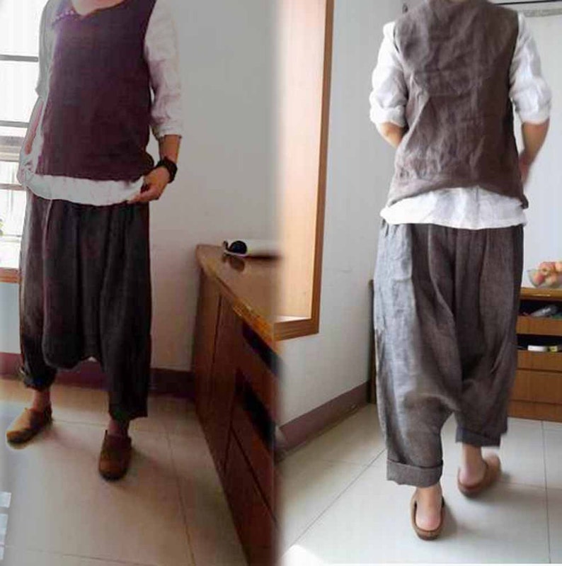 125Loose Yarn Dyed Linen Harem Pants Natural Loose Linen Etsy