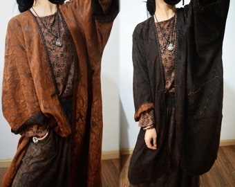 X110---Reversible Mud Silk Jacquard Kimono / Kimono Coat / Hanfu Coat, Gambiered Silk Cardigan Coat, Plus Size, Made to order.