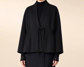 W187---Women's Black Winter Boiled WoolChinese Coat, Wool Hanfu Jacket, Han Fu Coat, Kimono Coat, Made to Order.