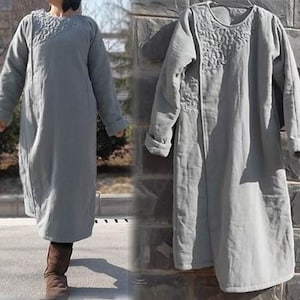 045---Hand Embroidered Washed Linen Cotton Padding Gray Coat,Maxi Coat, Linen Outerwear.