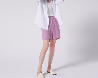 W108--Purple Elastic Waist Linen Shorts with Pockets, Summer High Waist Linen Shorts for Women, Loose Linen Shorts, Made to Order